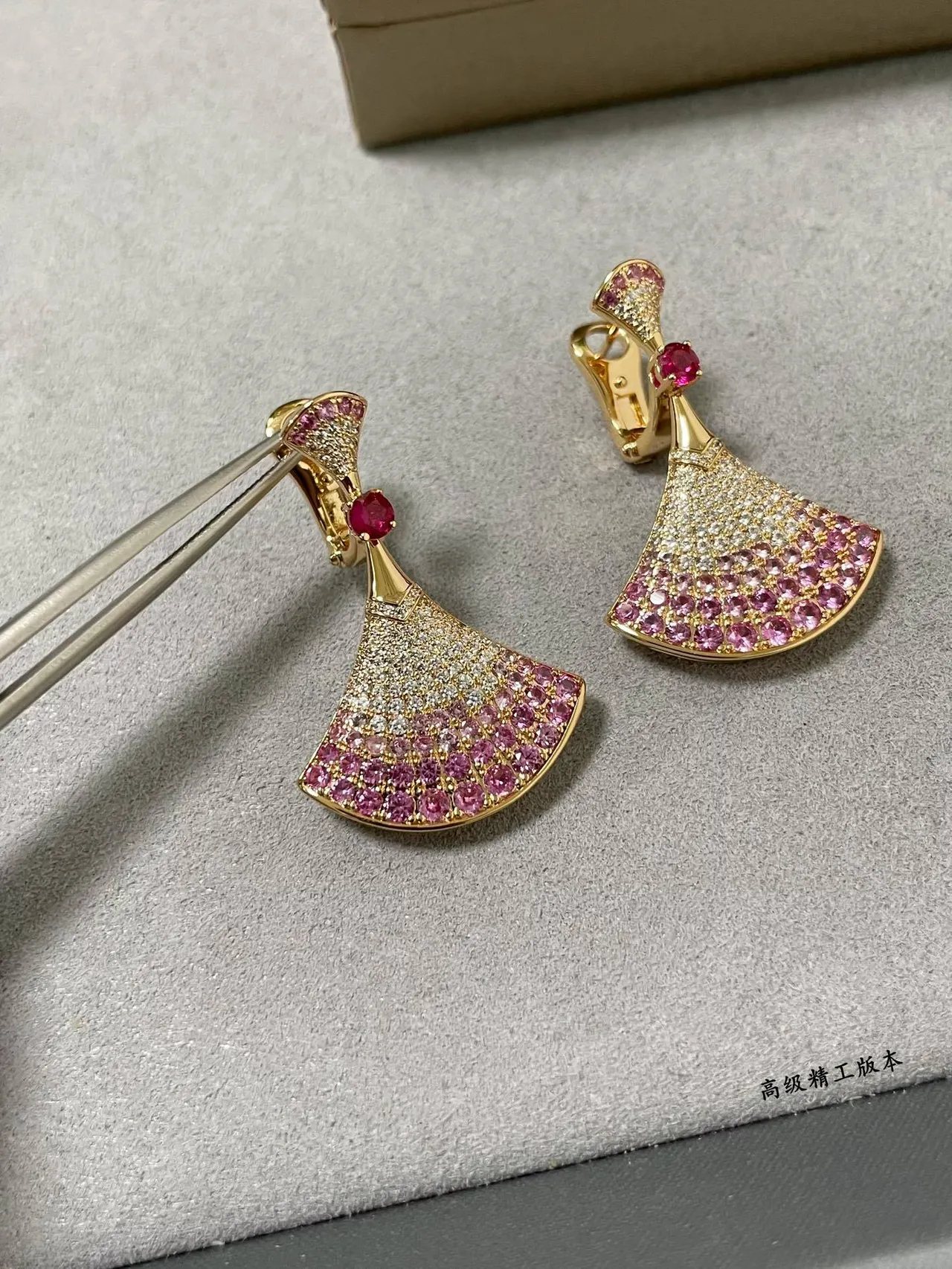 Gold Pink Fan-Shaped Silhouette Pavé-Set Gradient Stones Earrings 7