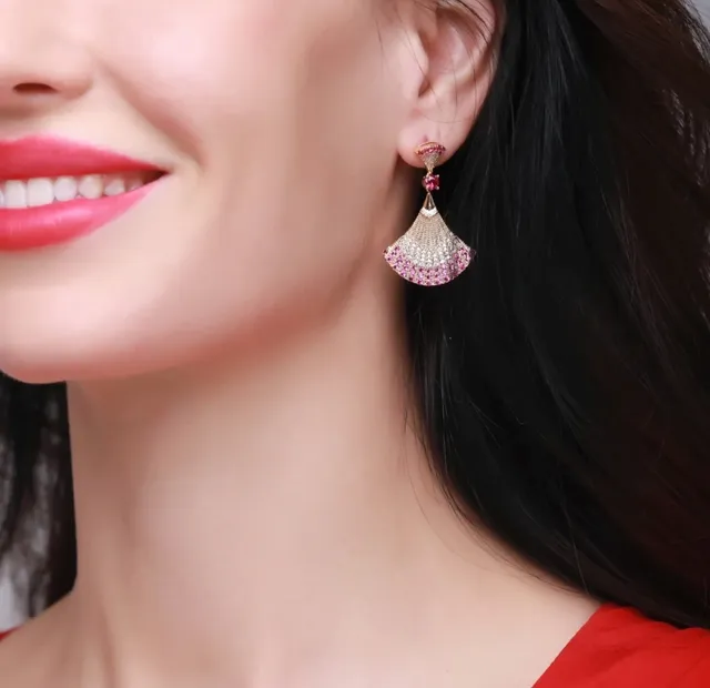 Gold Pink Fan-Shaped Silhouette Pavé-Set Gradient Stones Earrings 9