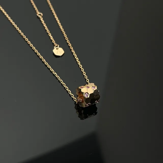 Gold Pink Geometric Honeycomb Pendant Faceted Metal Necklace 3