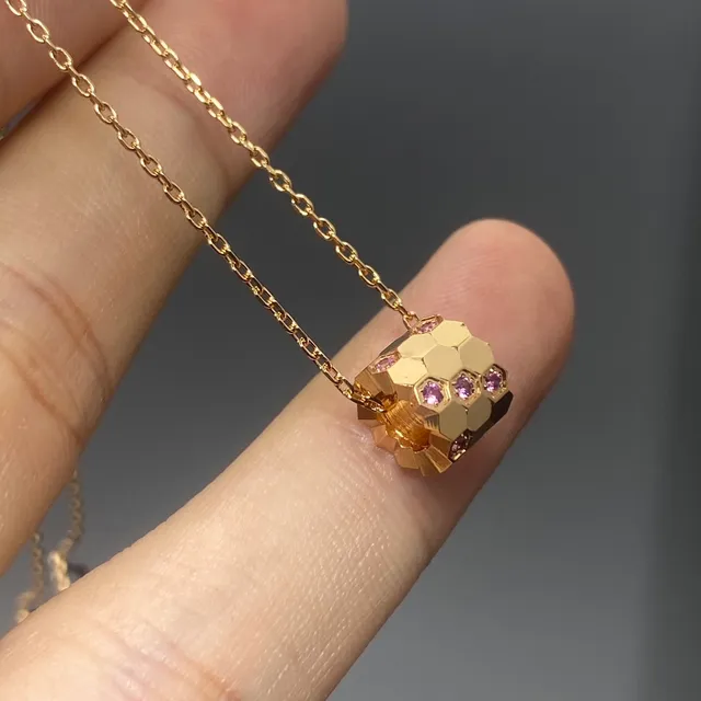 Gold Pink Geometric Honeycomb Pendant Faceted Metal Necklace 4
