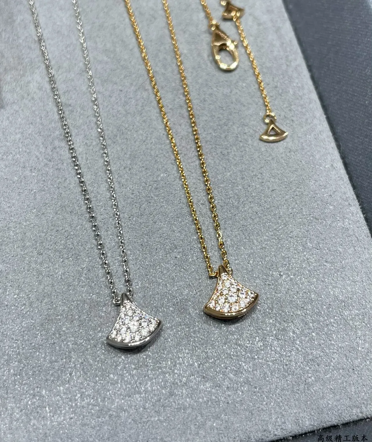 Gold Silver Fan-Shaped Pendant Pavé Crystal Necklace 7