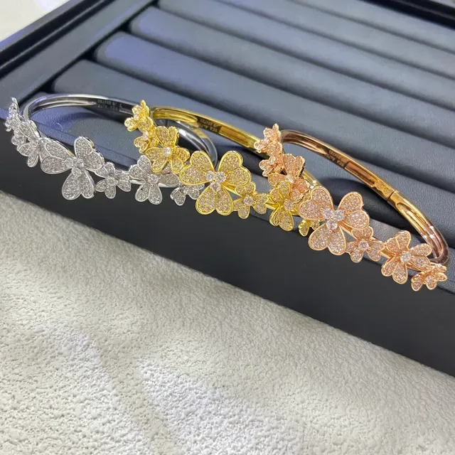 Gold Silver Floral Motif Pavé-Set Stones Bracelet 2