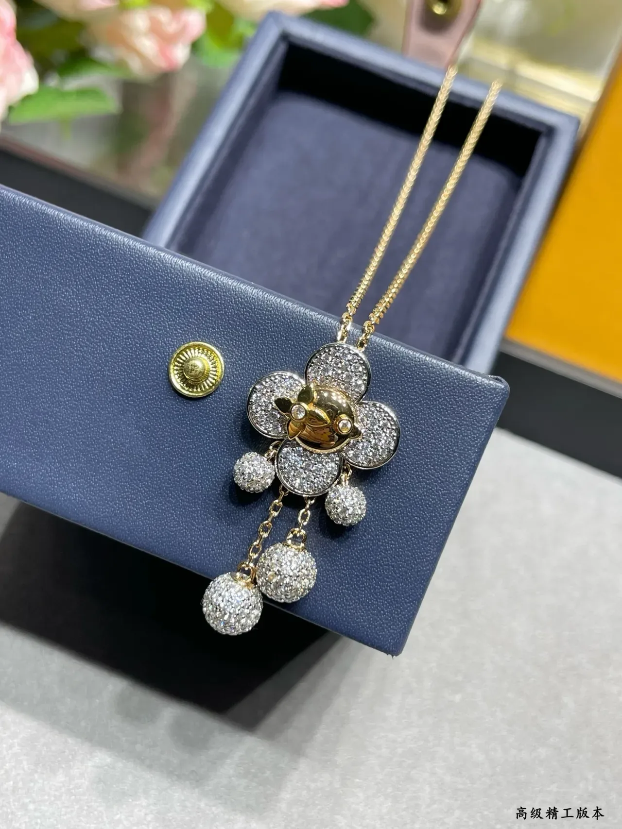 Gold Silver Floral Pendant Pavé-Set Necklace 4