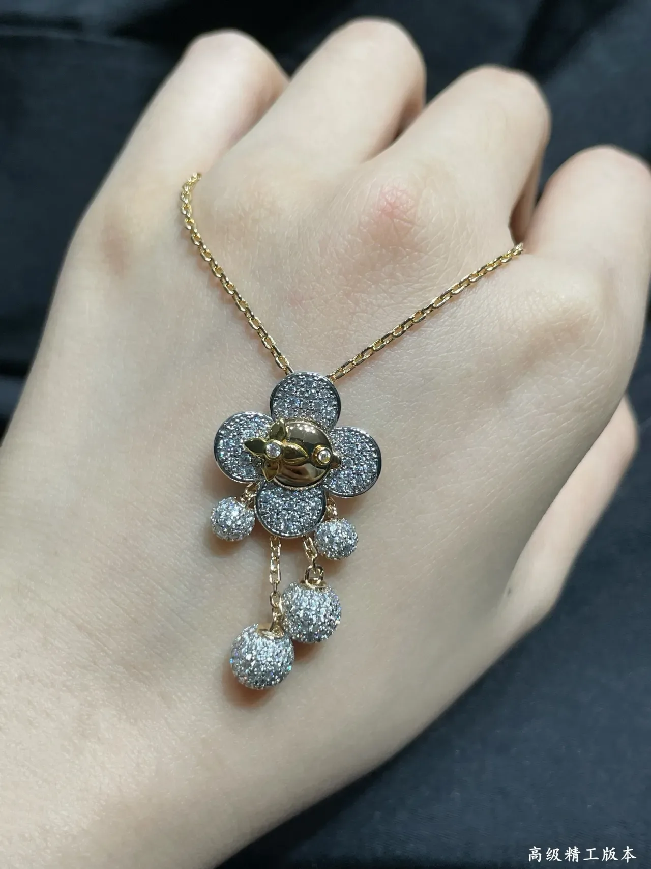 Gold Silver Floral Pendant Pavé-Set Necklace 5