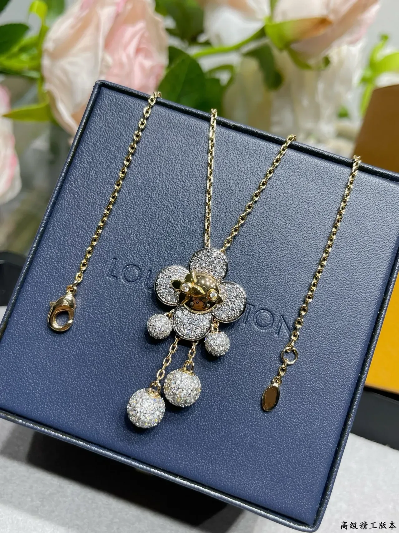 Gold Silver Floral Pendant Pavé-Set Necklace 6