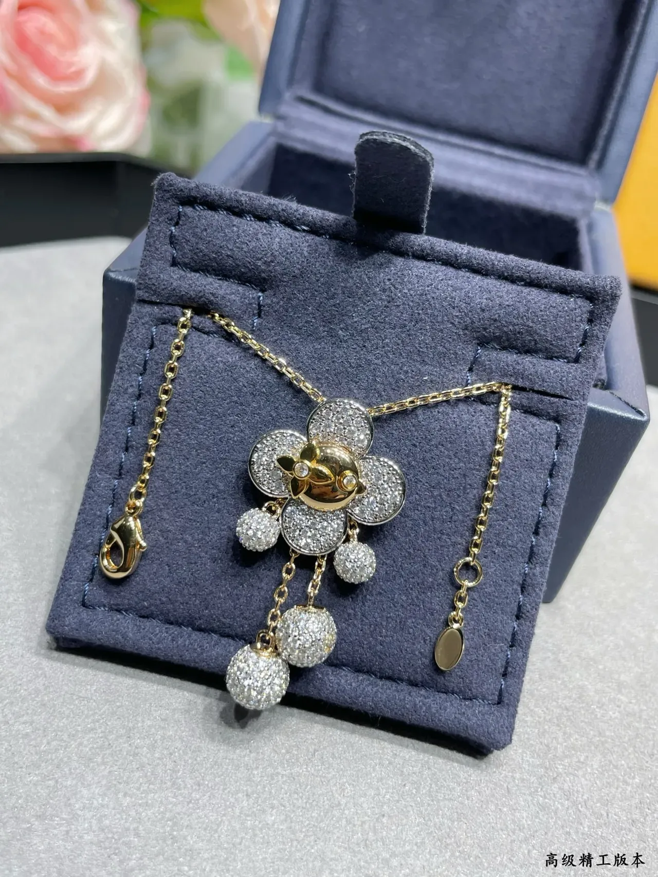 Gold Silver Floral Pendant Pavé-Set Necklace 8