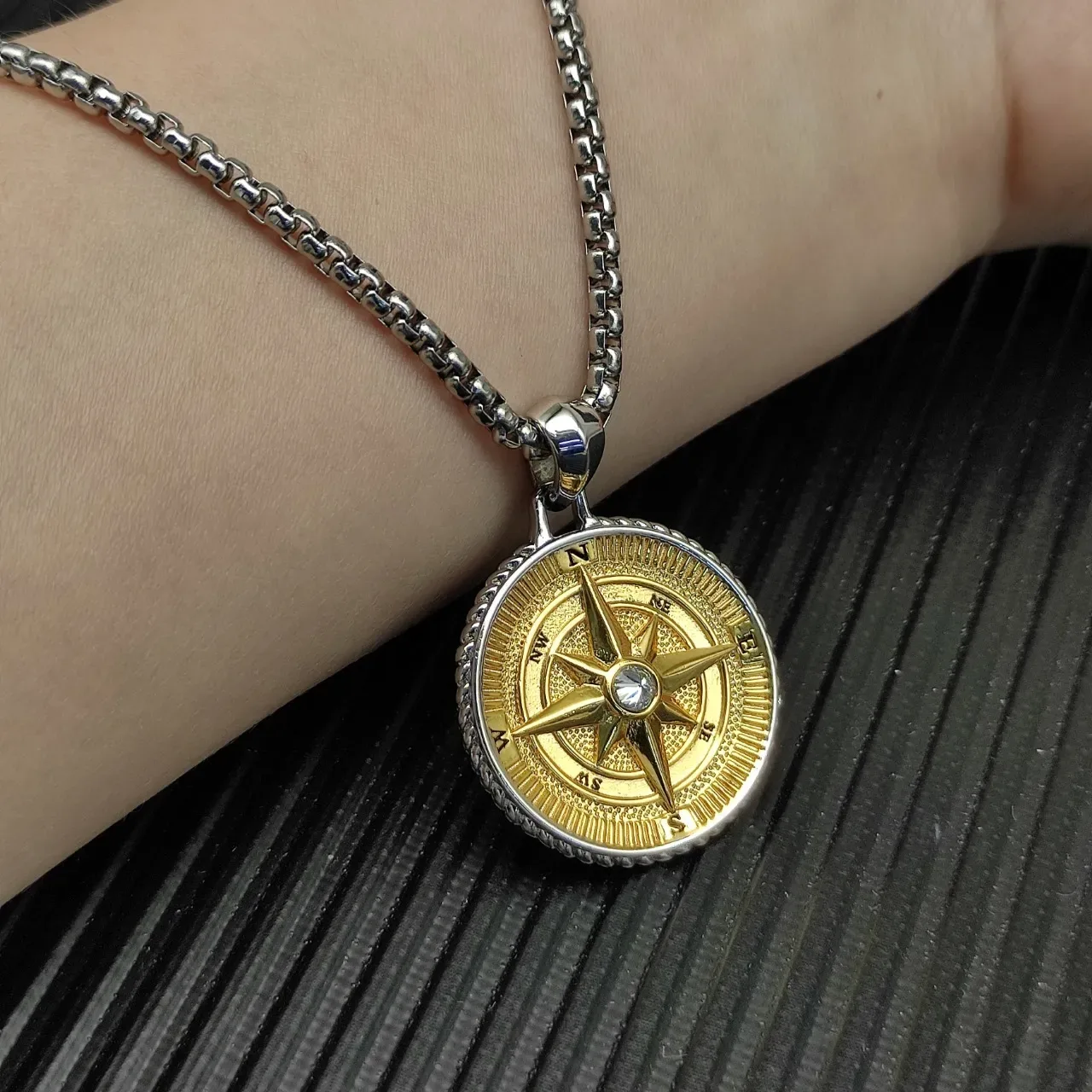 Gold Silver Two-Tone Metal Compass Rose Motif Necklace 4