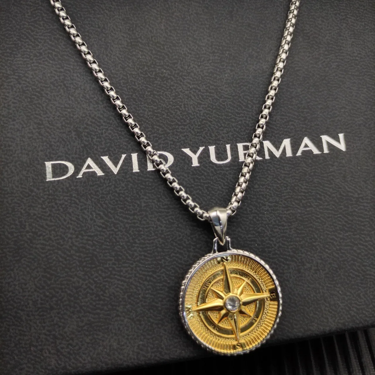 Gold Silver Two-Tone Metal Compass Rose Motif Necklace 5