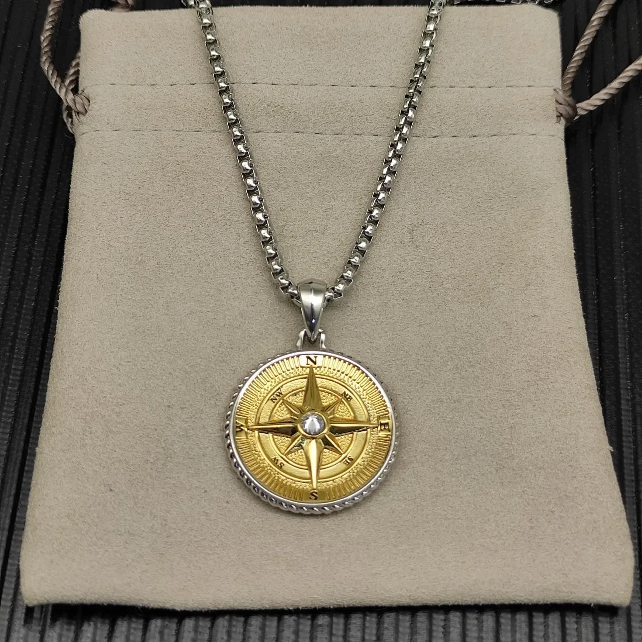 Gold Silver Two-Tone Metal Compass Rose Motif Necklace 7