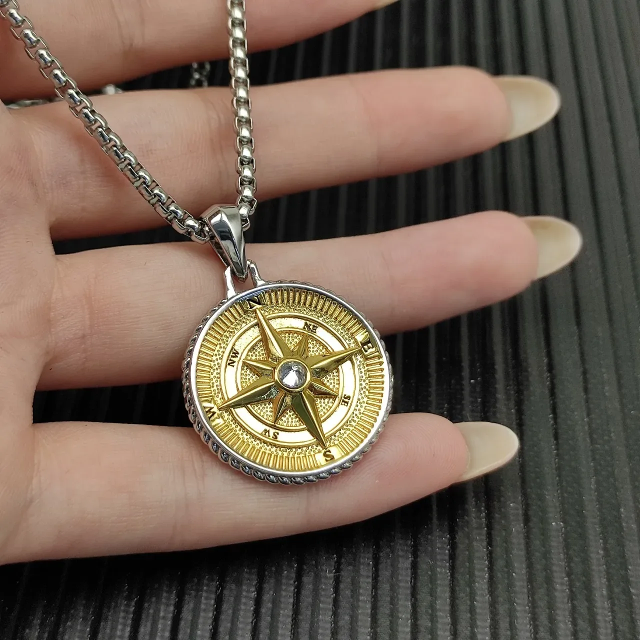 Gold Silver Two-Tone Metal Compass Rose Motif Necklace 8