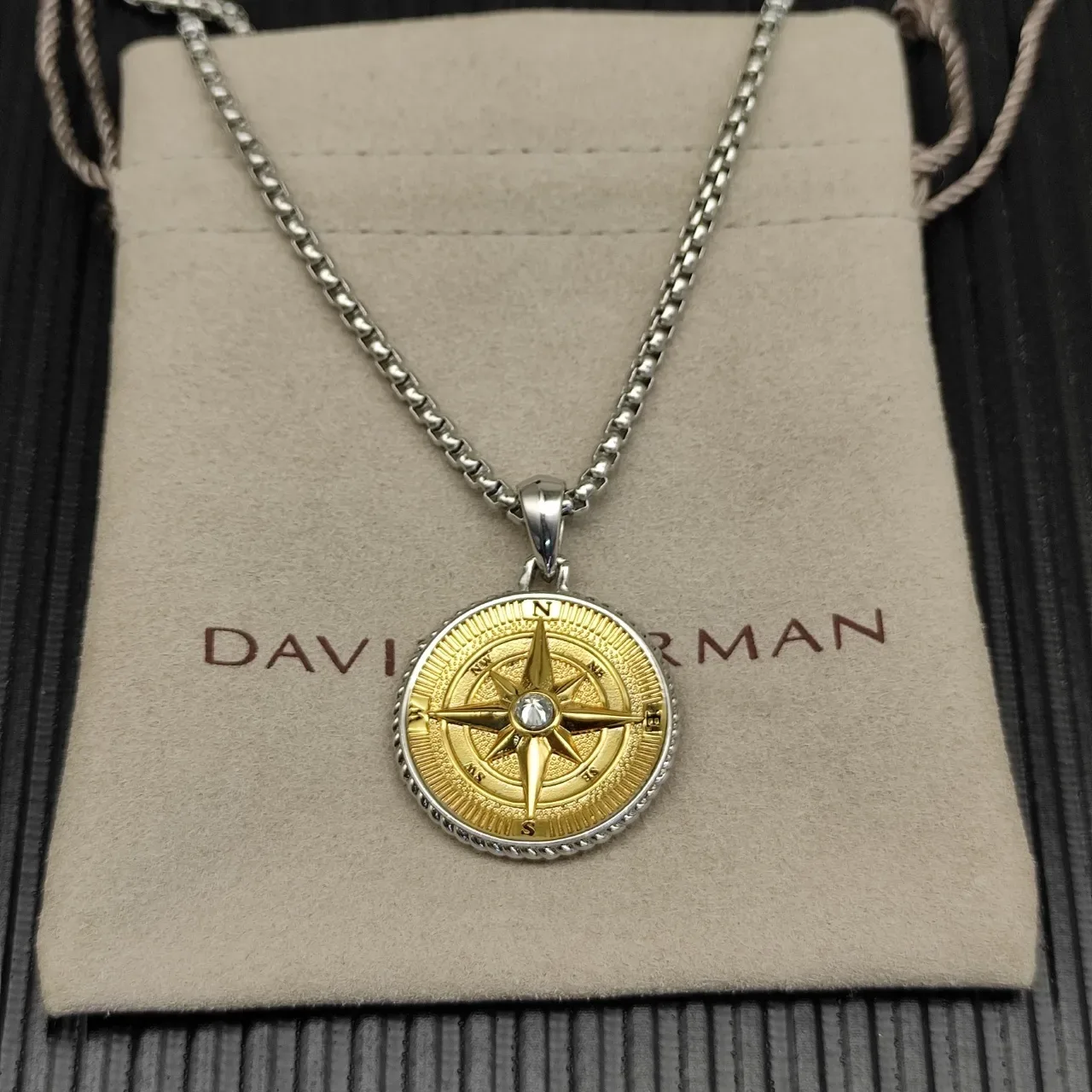 Gold Silver Two-Tone Metal Compass Rose Motif Necklace 9