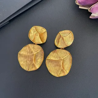 Gold Textured Leaf Motif Two-Tier Drop Earrings