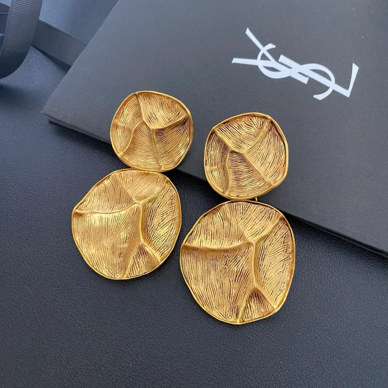 Gold Textured Leaf Motif Two-Tier Drop Earrings 6
