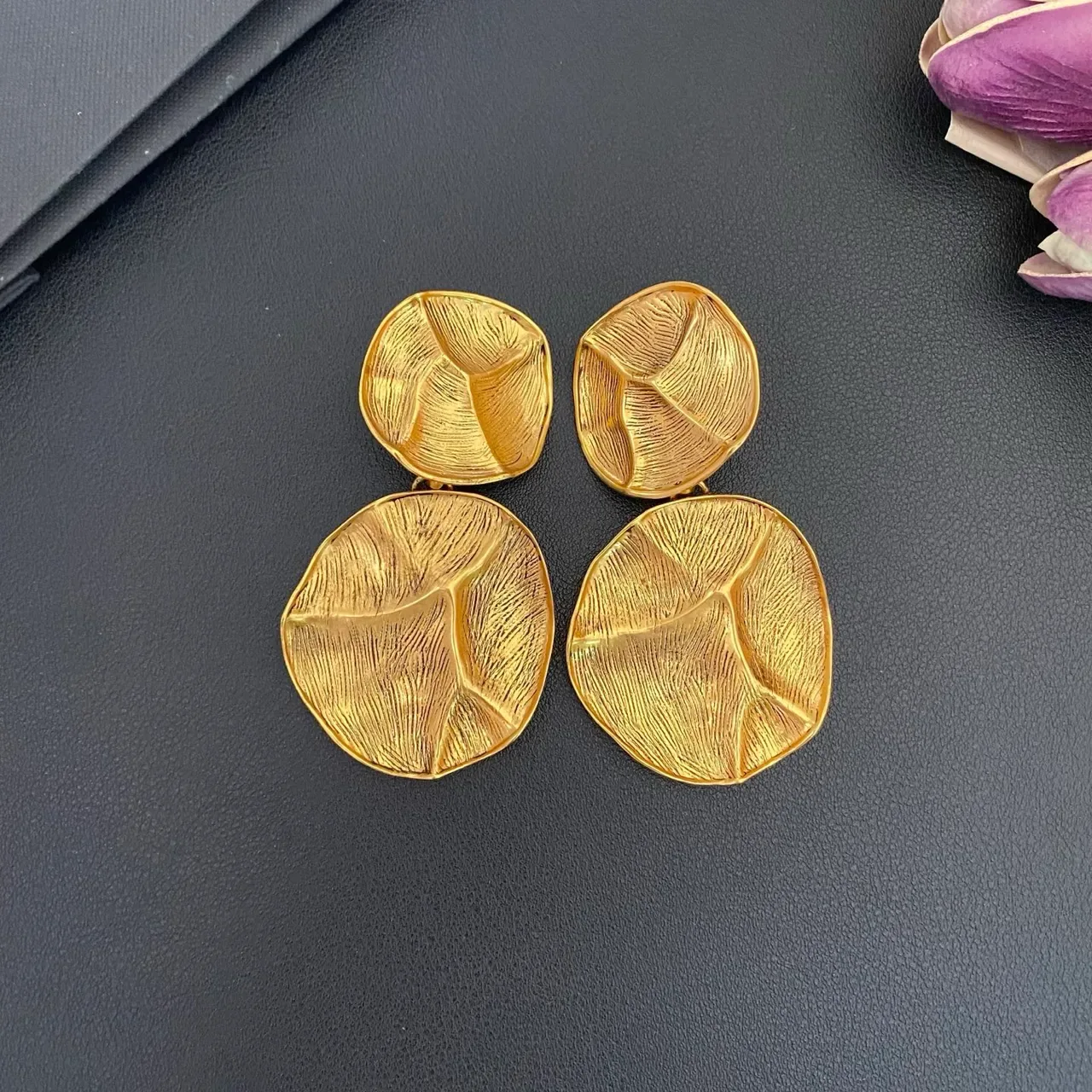 Gold Textured Leaf Motif Two-Tier Drop Earrings 7