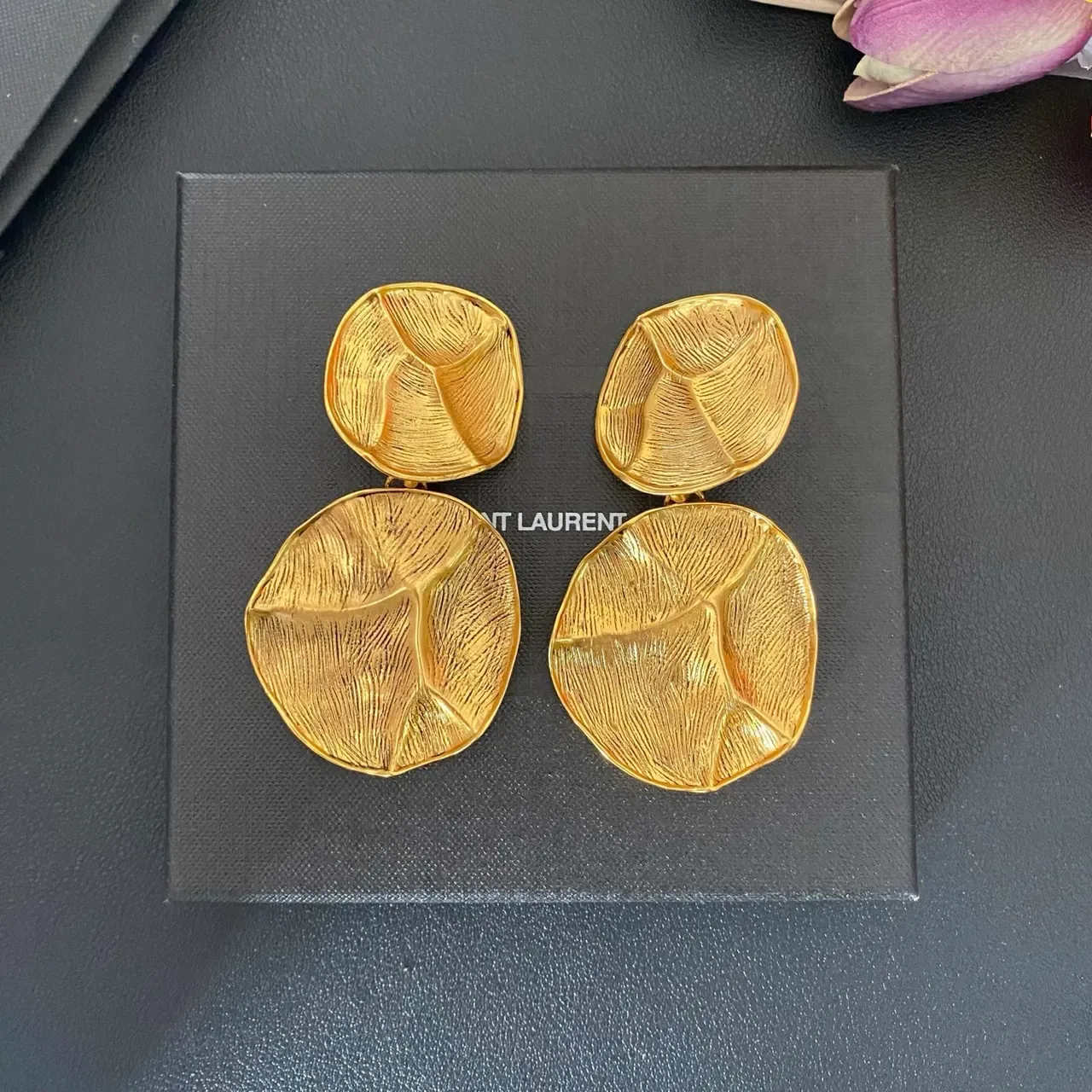 Gold Textured Leaf Motif Two-Tier Drop Earrings 8