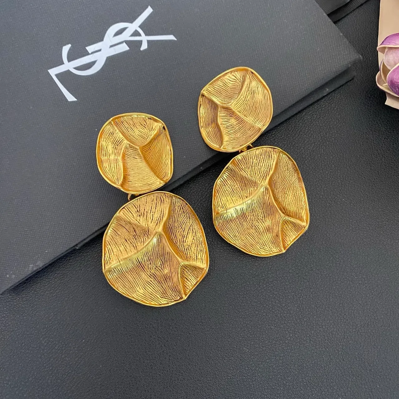 Gold Textured Leaf Motif Two-Tier Drop Earrings 9