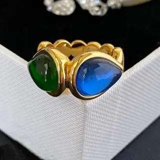 Gold-Tone Dual Cabochon Green and Blue Ring