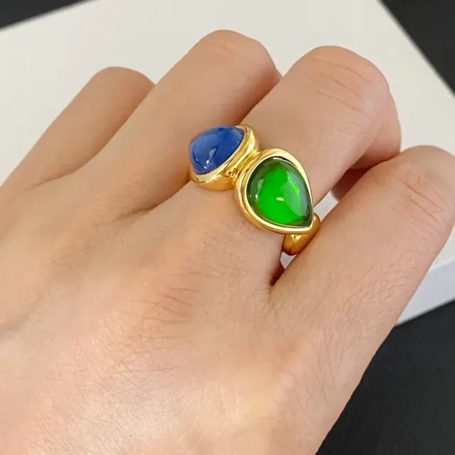 Gold-Tone Dual Cabochon Green and Blue Ring 2
