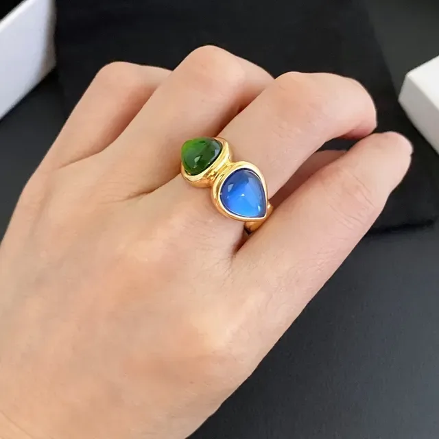 Gold-Tone Dual Cabochon Green and Blue Ring 3