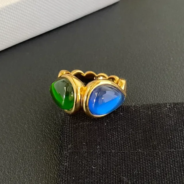 Gold-Tone Dual Cabochon Green and Blue Ring 5