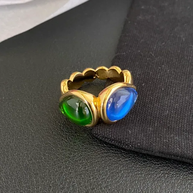 Gold-Tone Dual Cabochon Green and Blue Ring 6