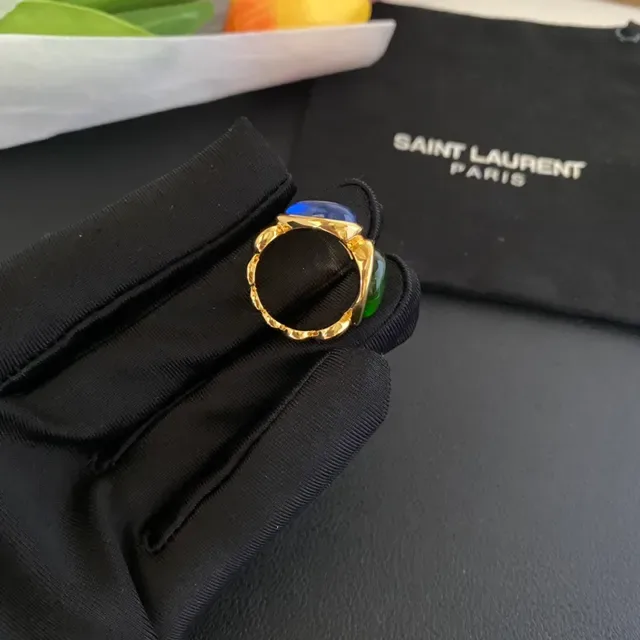 Gold-Tone Dual Cabochon Green and Blue Ring 7
