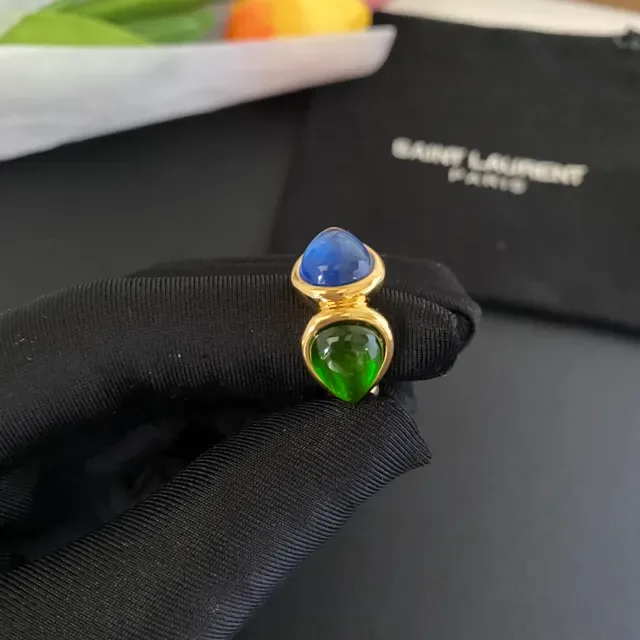 Gold-Tone Dual Cabochon Green and Blue Ring 8