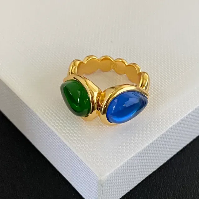 Gold-Tone Dual Cabochon Green and Blue Ring 9