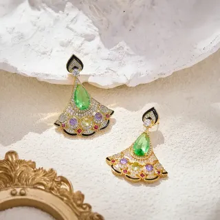 Gold-Tone Fan-Shaped Multi-Gemstone Enamel Earrings