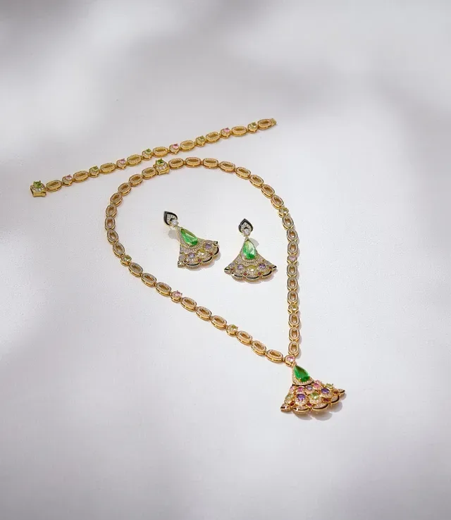 Gold-Tone Fan-Shaped Multi-Gemstone Enamel Earrings 2