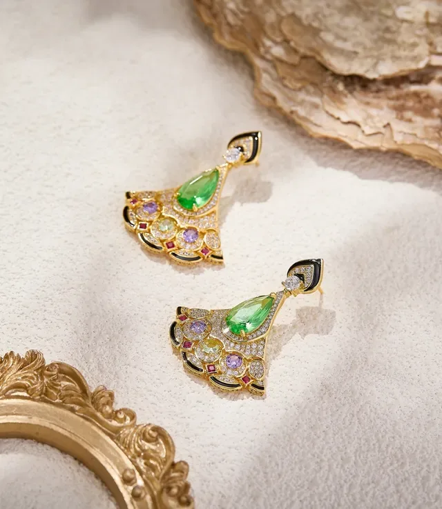 Gold-Tone Fan-Shaped Multi-Gemstone Enamel Earrings 3