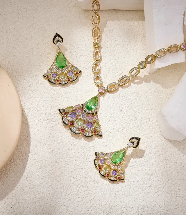 Gold-Tone Fan-Shaped Multi-Gemstone Enamel Earrings 4