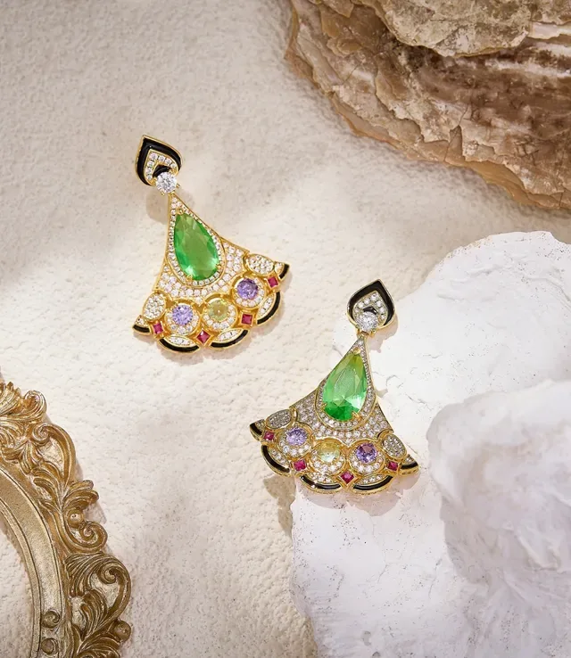 Gold-Tone Fan-Shaped Multi-Gemstone Enamel Earrings 5