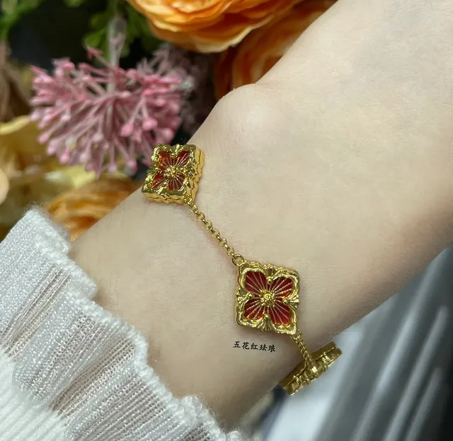 Gold-Tone Five Floral Red Enamel Bracelet 8
