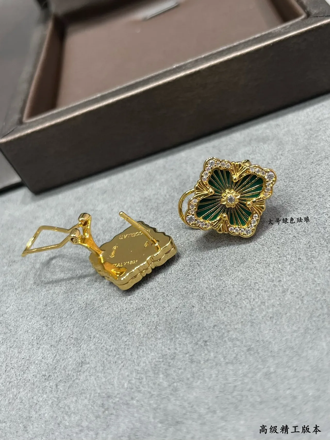 Gold-Tone Floral Green Enamel Pavé Crystal Drop Earrings 4