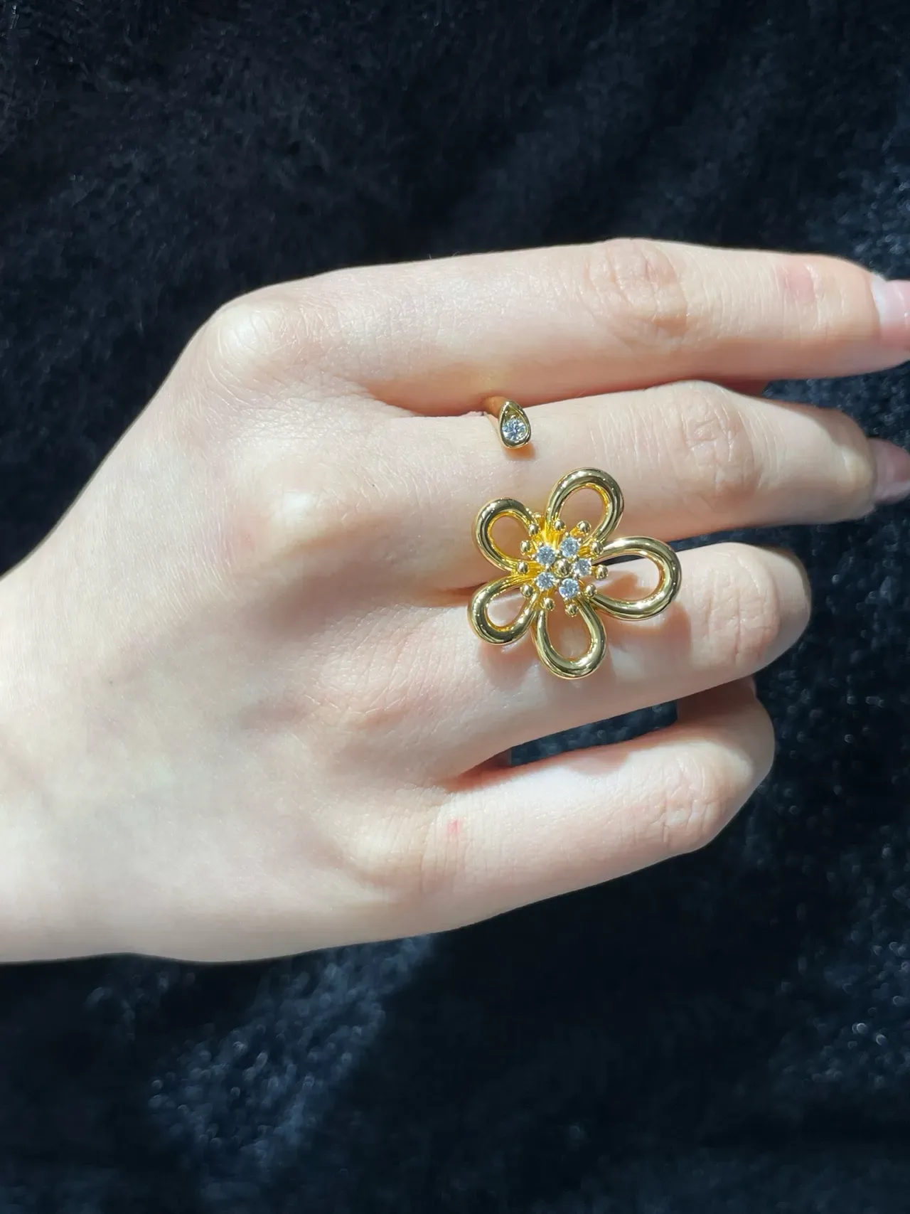 Gold-Tone Floral Pave Crystal Open-Band Ring 8