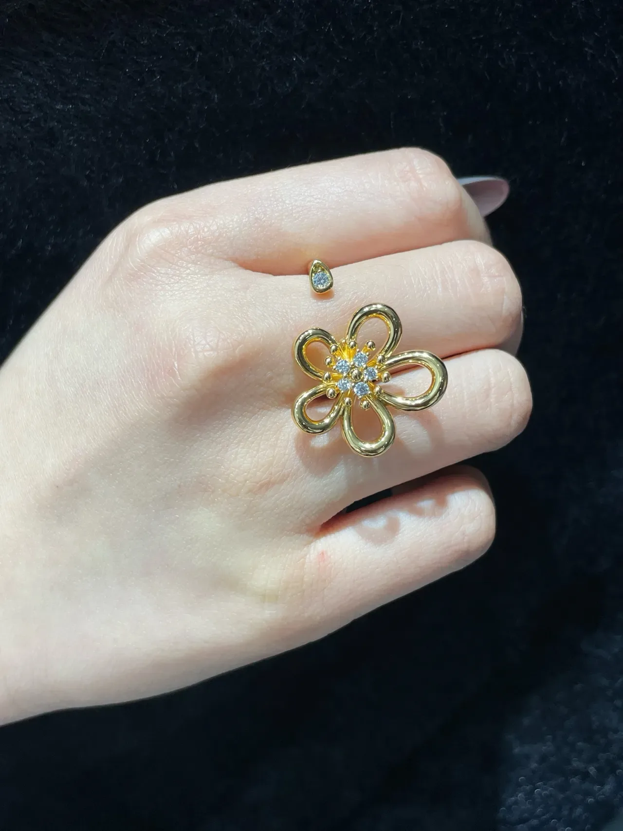 Gold-Tone Floral Pave Crystal Open-Band Ring 9