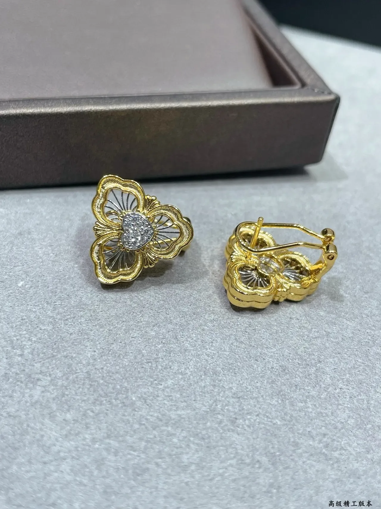 Gold-Tone Floral Pavé Heart Stud Earring 3