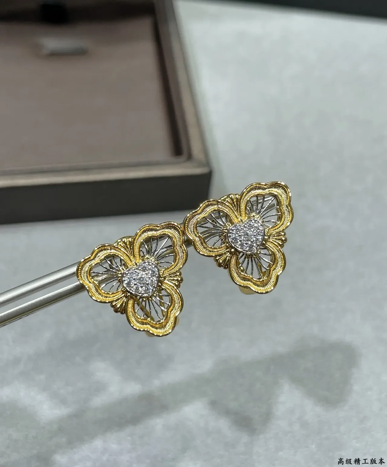 Gold-Tone Floral Pavé Heart Stud Earring 5