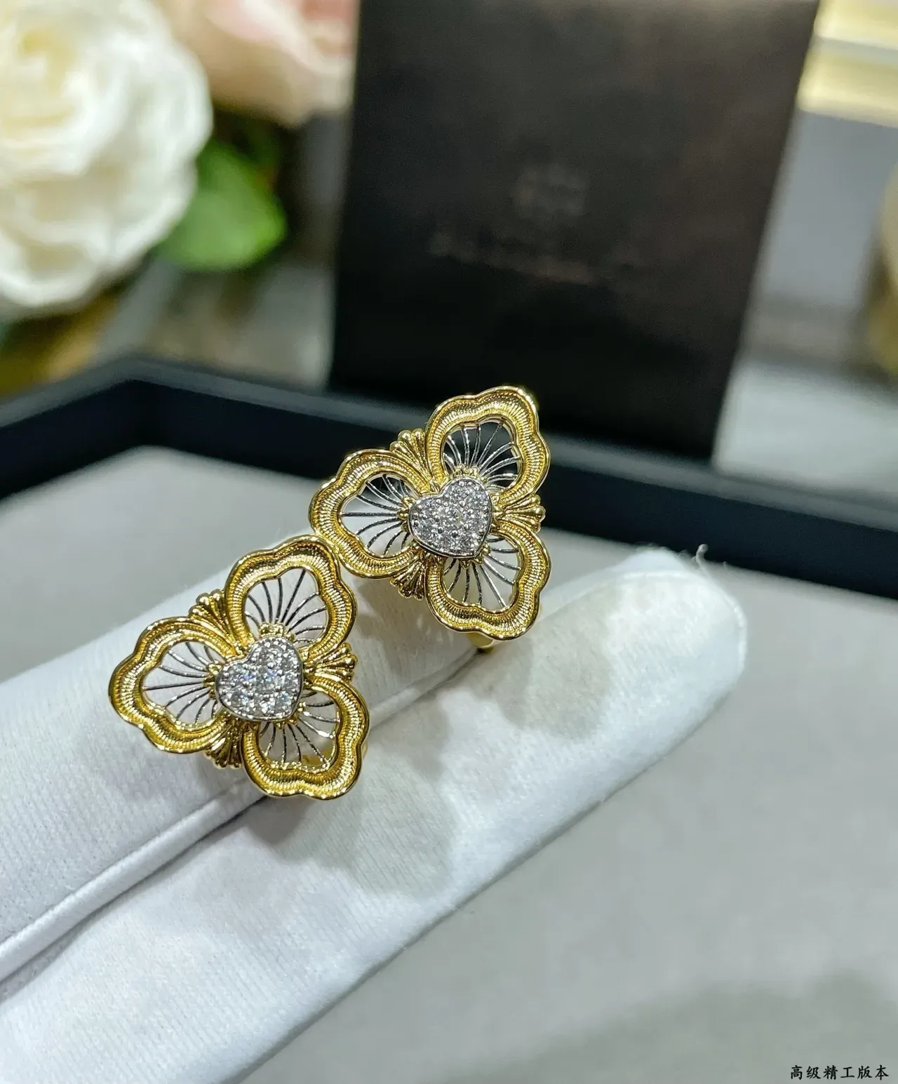 Gold-Tone Floral Pavé Heart Stud Earring 8