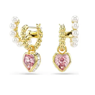 Gold-Tone Heart Pink Crystal and Pearl Dangling Earrings