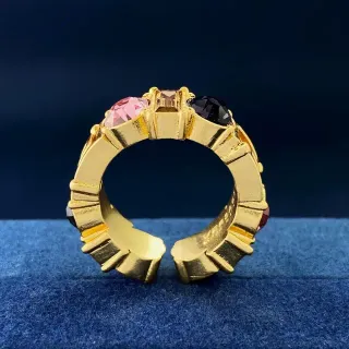 Gold-Tone Open-Band Three-Stone Faceted Gem Ring