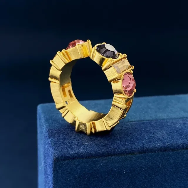 Gold-Tone Open-Band Three-Stone Faceted Gem Ring 2