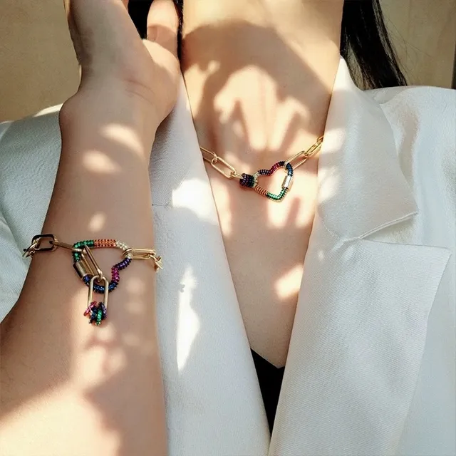Gold-Tone Paperclip Chain Rainbow Pavé Heart Pendant Necklace 2