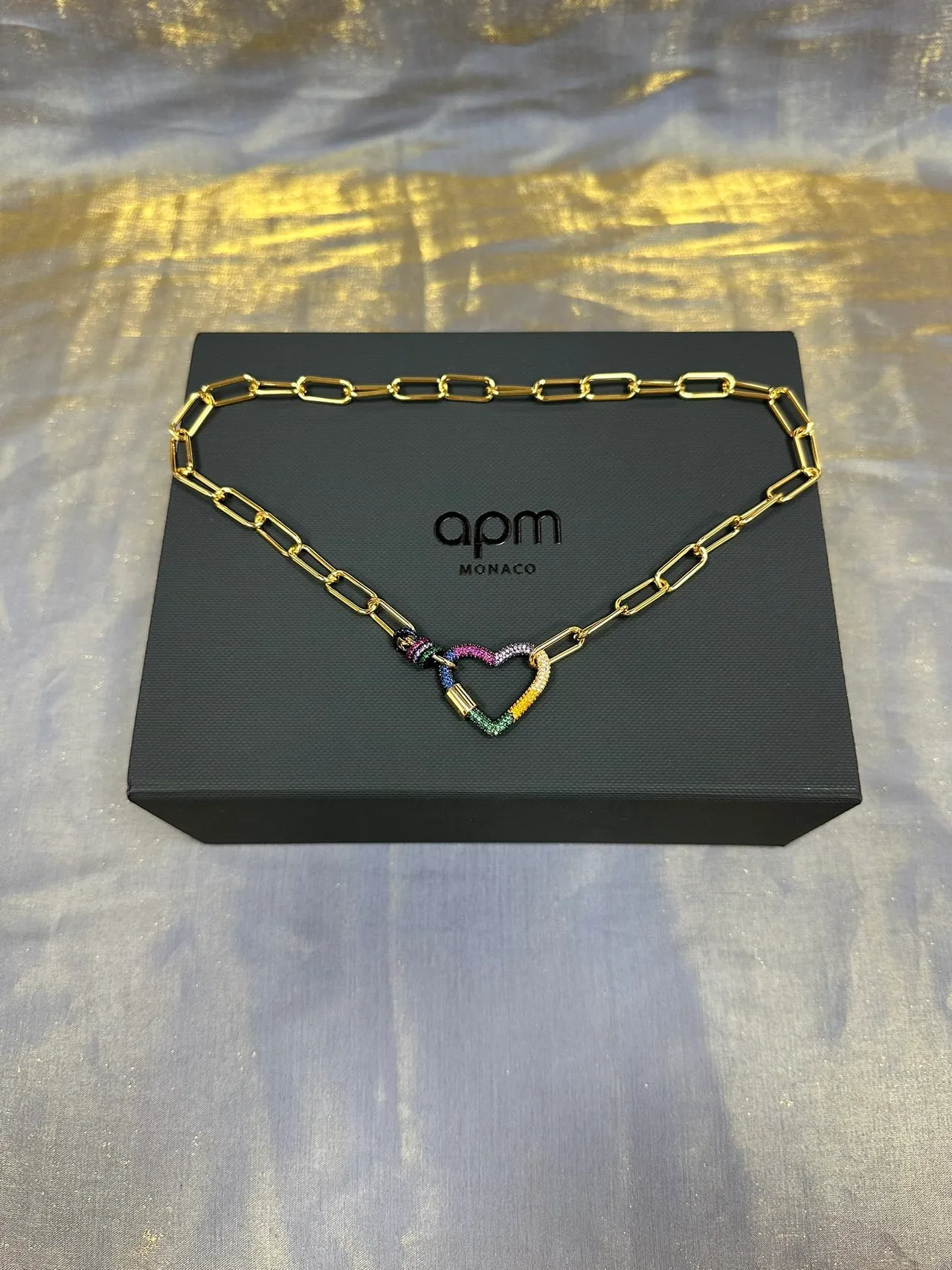 Gold-Tone Paperclip Chain Rainbow Pavé Heart Pendant Necklace 5