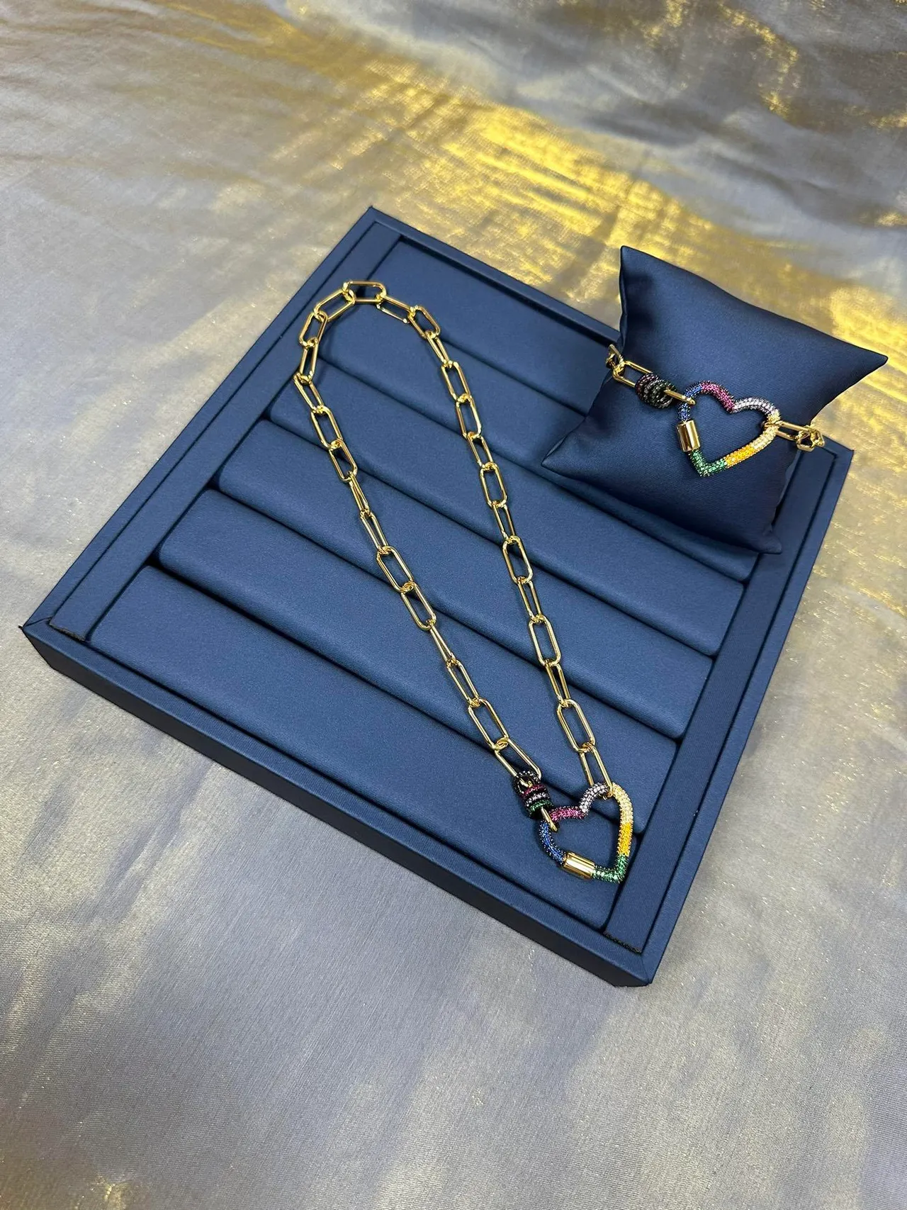 Gold-Tone Paperclip Chain Rainbow Pavé Heart Pendant Necklace 7