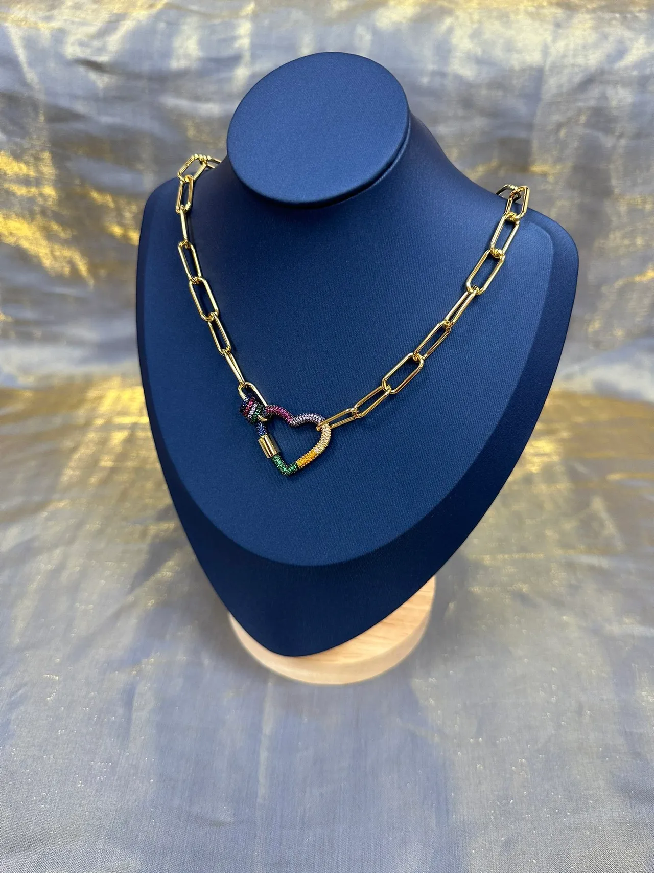 Gold-Tone Paperclip Chain Rainbow Pavé Heart Pendant Necklace 8