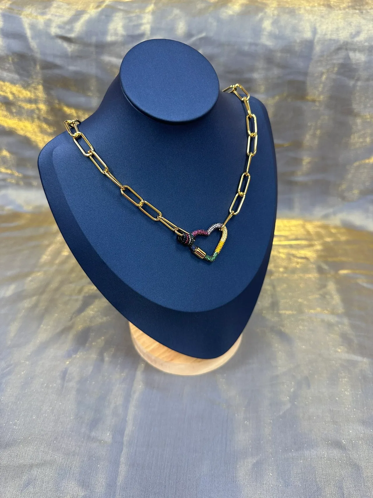 Gold-Tone Paperclip Chain Rainbow Pavé Heart Pendant Necklace 9