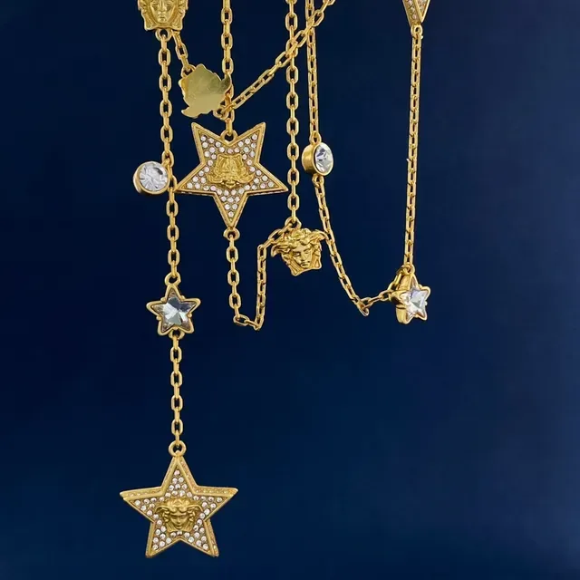 Gold-Tone Pavé Star and Medusa Charm Chain Necklace 2