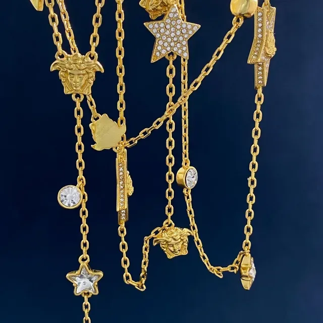 Gold-Tone Pavé Star and Medusa Charm Chain Necklace 5